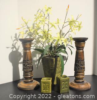 Candle Holders & Vase with Faux Flowers 